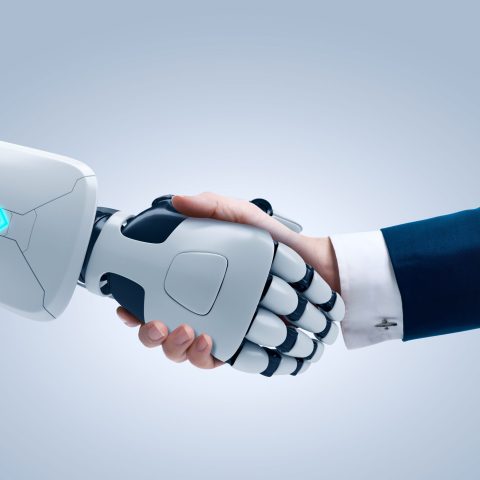 Robot and Business Man Shaking Hands Global Business Handshake